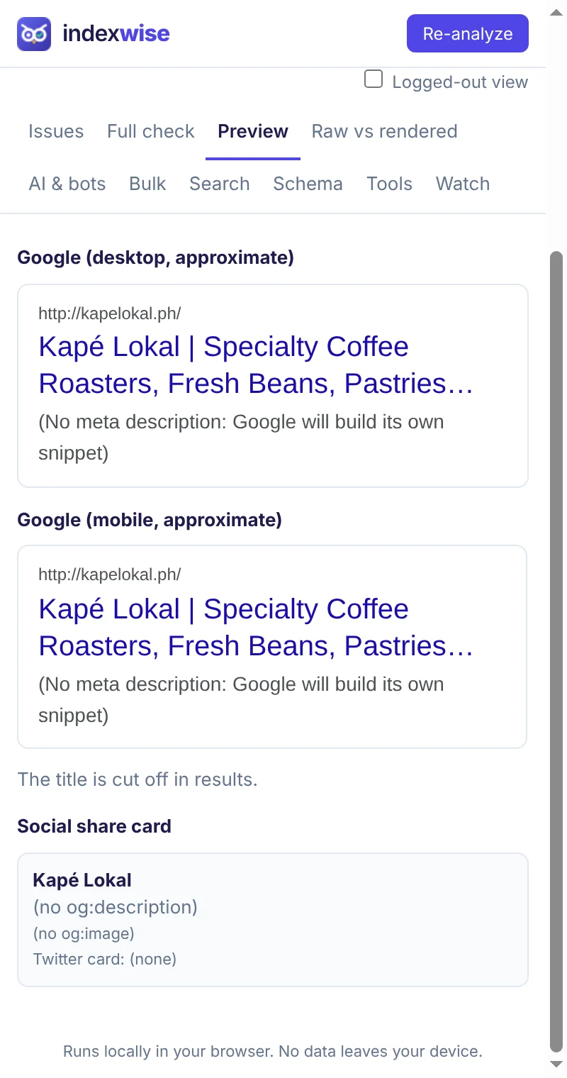 Preview tab showing how the page title and description look in Google on desktop and mobile